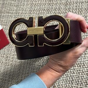 Salvatore Ferragamo maroon leather large logo belt gold buckle size 38